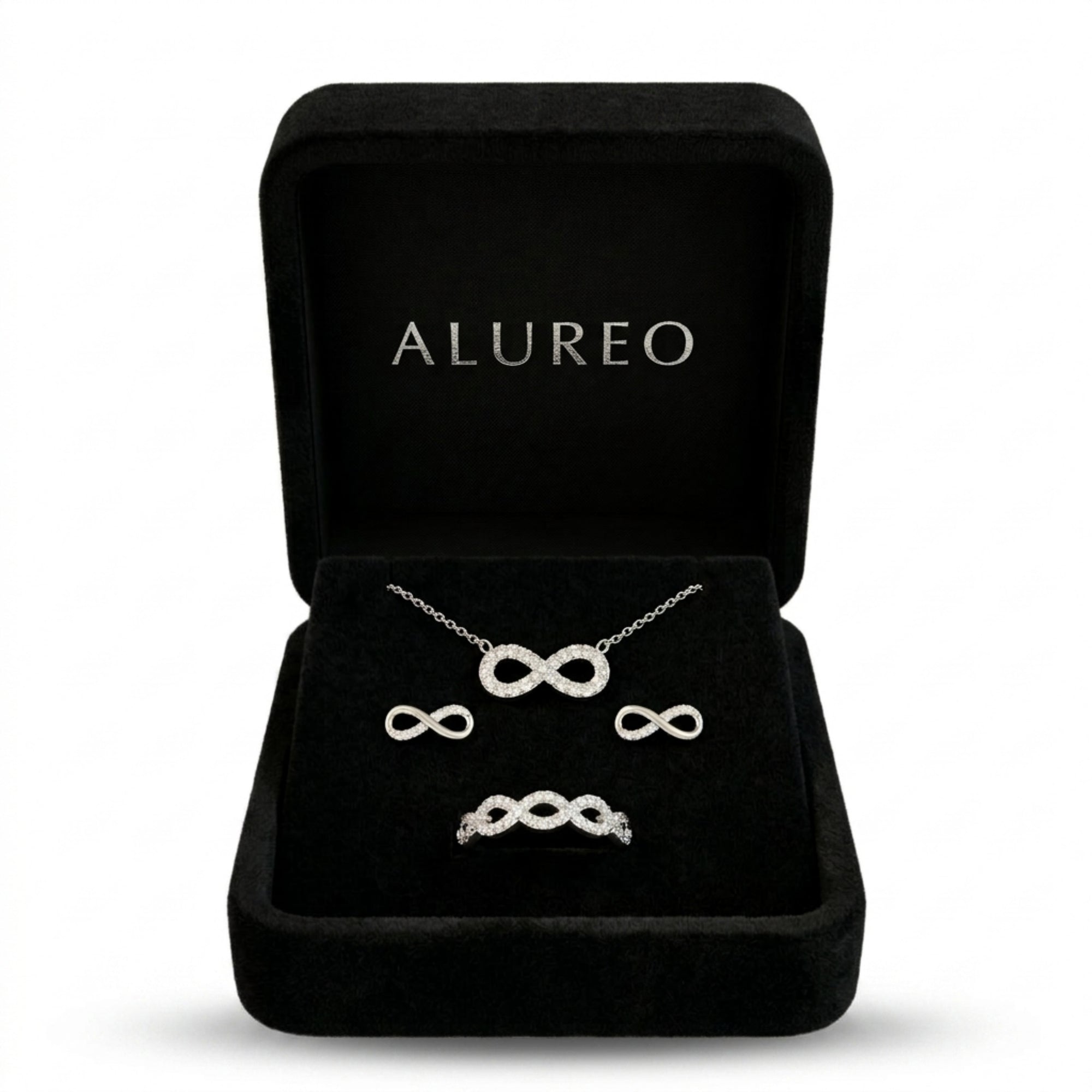 Alureo Infinity Set – strieborný náhrdelník, náušnice a prsteň s kubickými zirkónmi