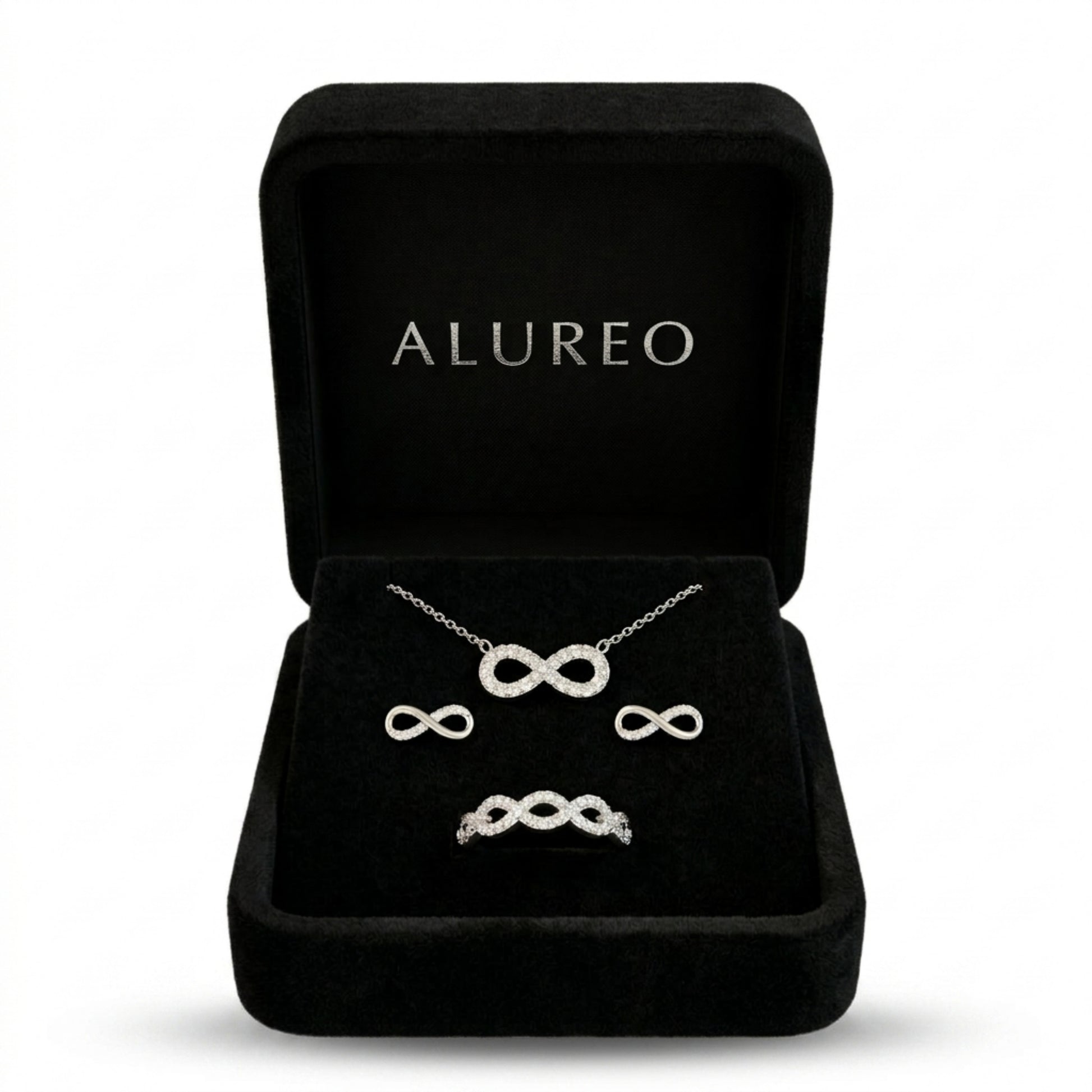 Alureo Infinity Set – strieborný náhrdelník, náušnice a prsteň s kubickými zirkónmi