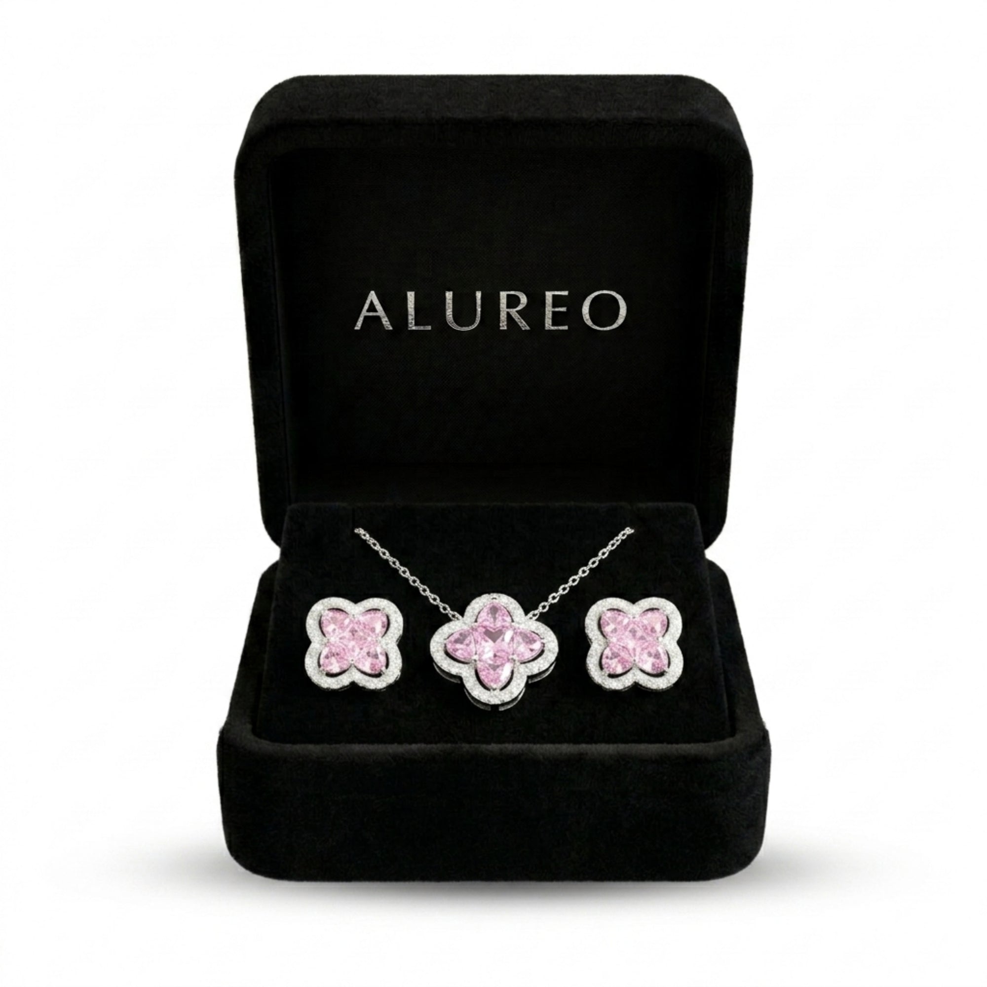 Alureo Pink Blossom Set – strieborný náhrdelník a náušnice s ružovými kubickými zirkónmi
